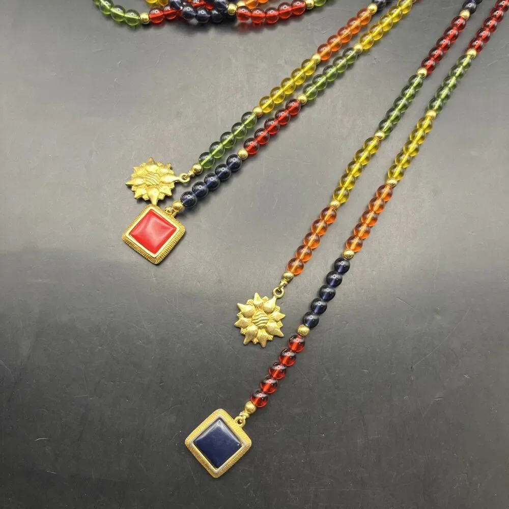 Vintage Liz Claiborne Beaded Lariat Necklace or Belt Colorful Flower Charm 55 In